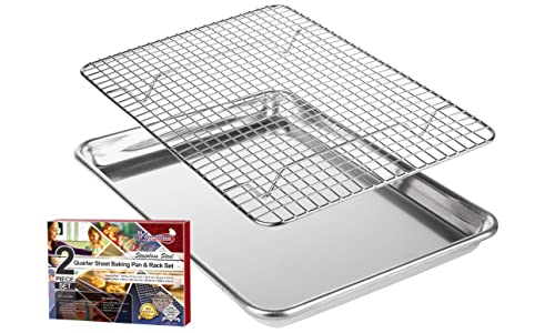 KITCHENATICS Small Quarter Sheet Baking Pan with Rack, Stainless Steel Baking Rack & Aluminum Cookie Sheet Baking Pan Toast Oven Tray w/Cooling Rack, 1/4 Sheet Pan & Wire Rack Set - 9.6" x 13" IN Pan