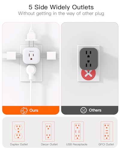 Multi Plug Outlet Extender 2 Pack, Wall Outlet Splitter with 5 Wall Outlets, Small Multiple Plug Extender, Cruise Essentials, Plug Adapter No Surge Protector for Cruise Ship Home Office Dorm Room