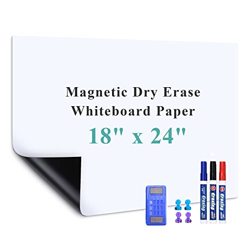 Warasee Magnetic Dry Erase Whiteboard Paper, 18" x 24" Self Adhesive Whiteboard Sheet for Wall, Easy to Write and Clean Dry Erase Board for Kids, Office, Home, with Marker, Magnets and Magnetic Eraser