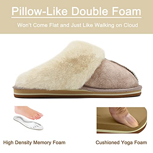 KuaiLu Womens Slippers, Fluff Dual Memory Foam Slippers Ladies Cozy Arch Support Warm Scuff Slippers Slip on Comfy Winter House Shoes with Non-Slip Indoor Outdoor Hard Sole New-Beige 6