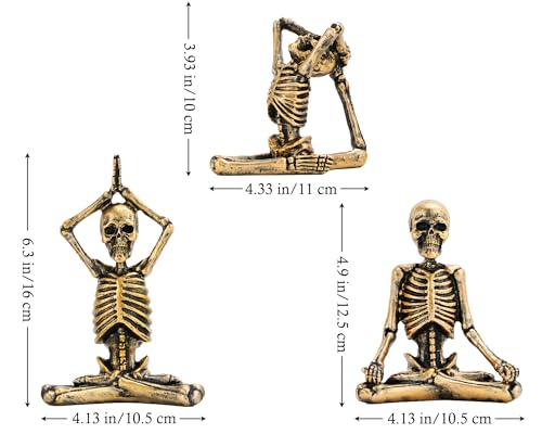 BOIHEGU Yoga Skeleton Skull Statue(Set of 3) Yoga Skull Statue for Yoga Meditation Room Decoration, Spooky Gothic Office Bookshelf Table Decoration(Antique Gold)