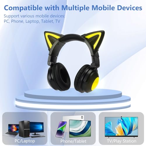 YIK TUNG Cute Cat Ear Bluetooth Headphones with Built-in Mic, Over Ear Wired Headphones with LED Lights, Foldable Wireless Headset with Cat Ear for Traveling, Gift for Boys Girls Teens Adult (Black)