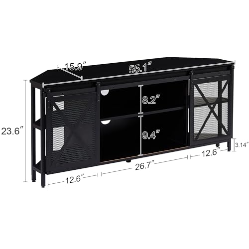 HOMISSUE Corner TV Stand, Rustic Corner TV Stand for 55/60 Inch TV, Industrial TV Stand with Storage, Corner Entertainment Center with Sliding Barn Door, Corner TV Console for Living Room, Black