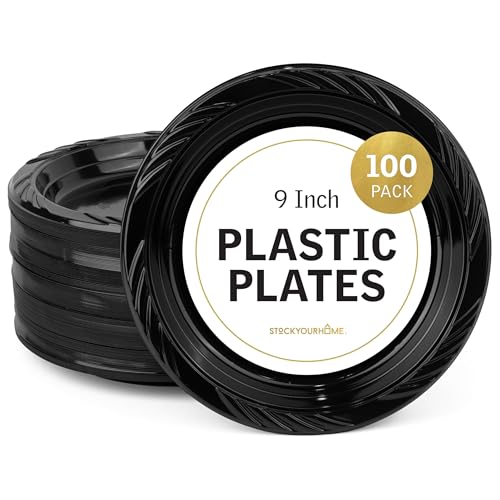Stock Your Home 9 Inch Black Plastic Plates (100 Count), Large Disposable Black Plastic Party Plates for Dinner Parties, Cake, Halloween, Dinnerware Supplies