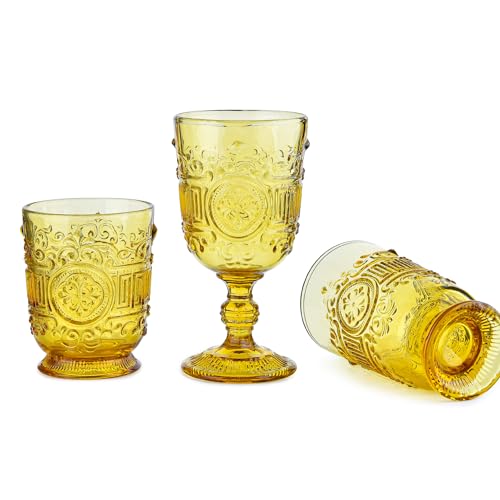 Sungmor Vintage Drinking Glasses Beverage Glass Cups, Set of 3 Embossed Wine Goblets & Highball Glasses and Old Fashioned Glasses, Amber Cocktail Drinking Glassware, 10 oz Water Tumblers Juice Glasses