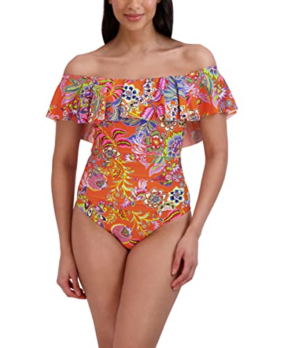 BCBGMAXAZRIA Women's Standard One Piece Swimsuit Off The Shoulder Tummy Control Quick Dry Bathing Suit, Dream Orange