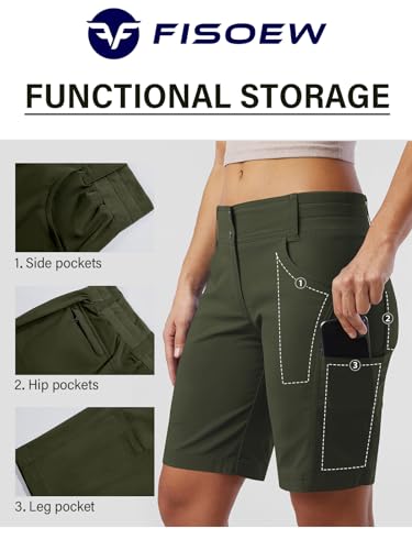 Fisoew Womens Hiking Shorts Golf Quick Dry Outdoor Summer Casual 10" Bermuda Shorts with Pockets Army Green