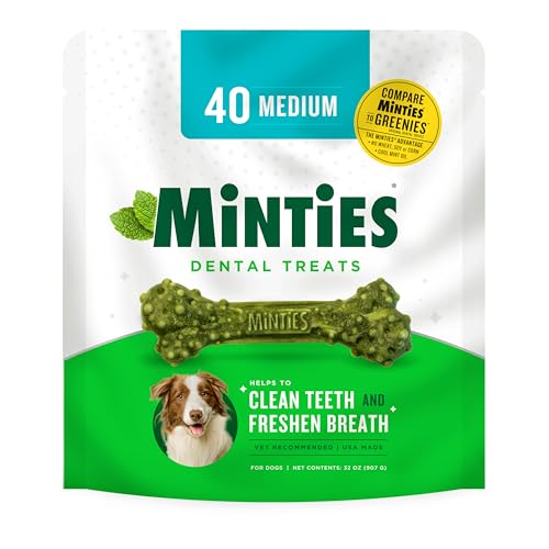 Minties Dental Chews for Dogs, 40 Count, Vet-Recommended Mint-Flavored Dental Treats for Medium Dogs 25-50 lbs, Dental Bones Clean Teeth, Fight Bad Breath, and Removes Plaque and Tartar