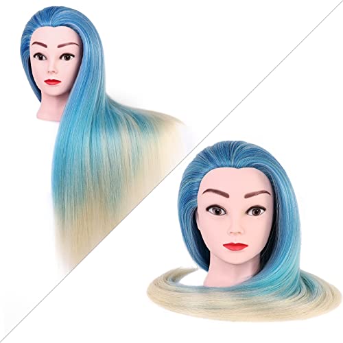 29.5 inch Mannequin Head with Hair, MYSWEETY Cosmetology Training Maniquins Head Synthetic Fiber Blue Hair Manikin Doll Head for Hair Styling Braiding Sytling with Clamp Holder + DIY Braiding Set