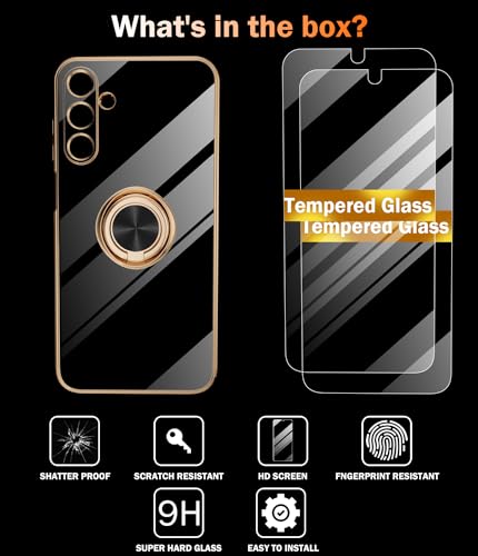 Jasmeas for Samsung Galaxy A35 5G Case with Screen Protector [2 Pack], 360° Rotatable Ring Holder Plating Rose Gold Edge Magnetic Kickstand Women Men Protective Cover for Samsung A35 5G Case Black