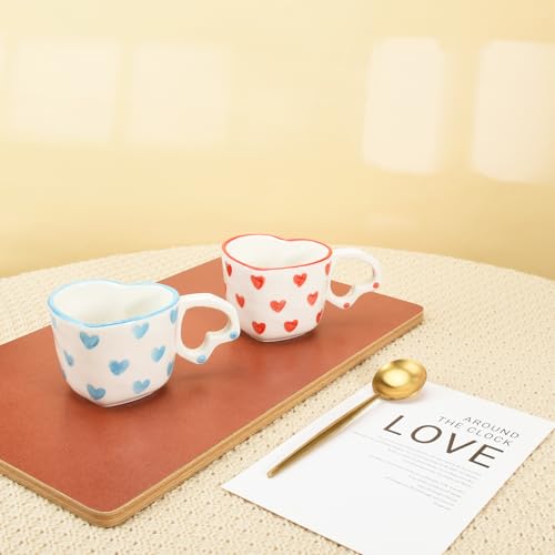 Koythin Ceramic Coffee Mug, Cute Creative Heart Handle Mug Design for Office and Home, Dishwasher and Microwave Safe, 8.5 oz/250 ml for Latte Tea Milk (Blue Heart)