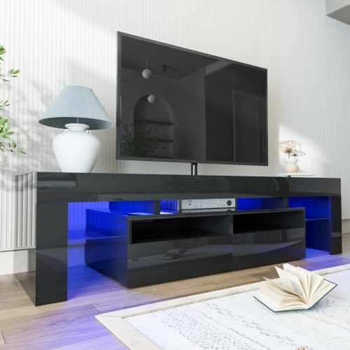 SUSSURRO LED TV Stand for 60/65/70 inch TV, Modern Gloss Entertainment Center with Drawer and Glass Open Shelf, Television Table Center Media Console for Living Room， Black