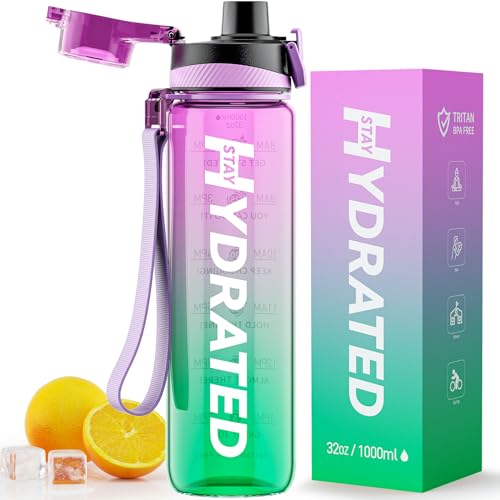 Water Bottle, 32 oz Motivational Water Bottles with Time Marker-Tritan & BPA Free, Sports Water Bottle with Time to Drink & Strap, Wide Mouth, Leakproof -Gift for Christmas Gym Fitness & Outdoor