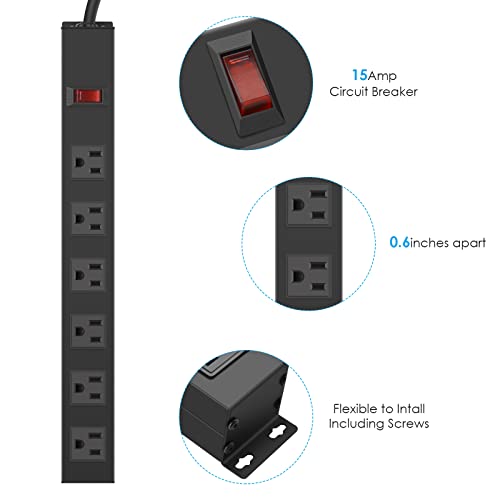 Metal Wall Mount Power Strip, Mountable Power Outlet with 6 AC Outlets, Aluminum Alloy Mount Power Socket with Switch, 3 FT SJT 3/C 14AWG Power Cord, 15A 125V 1875W (6AC) Black