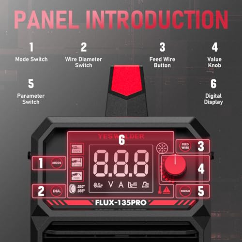 YESWELDER 135Amp MIG Welder,110V Flux Core Welder Flux MIG/Lift TIG/Stick 3-in-1 Large LED Digital Display Welding Machine IGBT Inverter Welder FLUX-135PRO