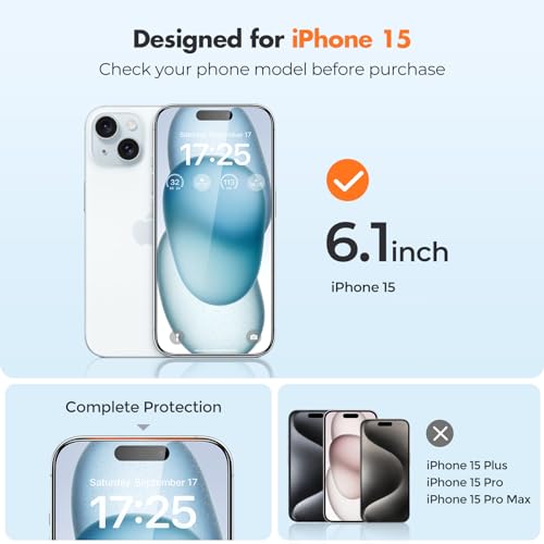 UNBREAKcable Shatterproof Tempered Glass Screen Protector for iPhone 15 [2-Pack] [99.99% HD Clear] [Easy Installation Frame] [9H Hardness] for Apple 6.1”