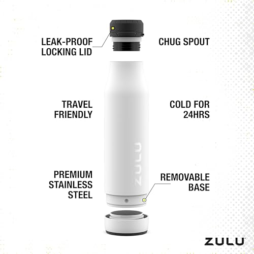 Zulu Ace 24oz Vacuum Insulated Stainless Steel Water Bottle with Chug Spout | Leak-Proof Locking Lid and Removable Base |Reusable Bottle for Cycling Sports Gym Travel Bicycle Bottle Cage | White