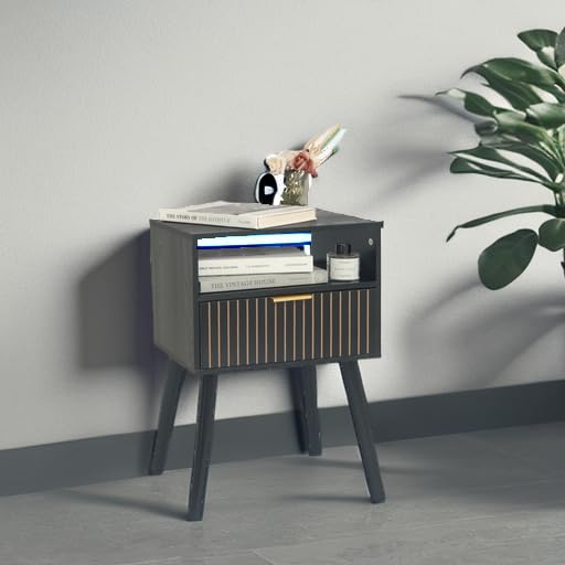 MaxSmeo Black Nightstand with Drawer, Mid Century Modern Bedside Table with Open Shelf Storage, End Table with Solid Wood Legs, Black