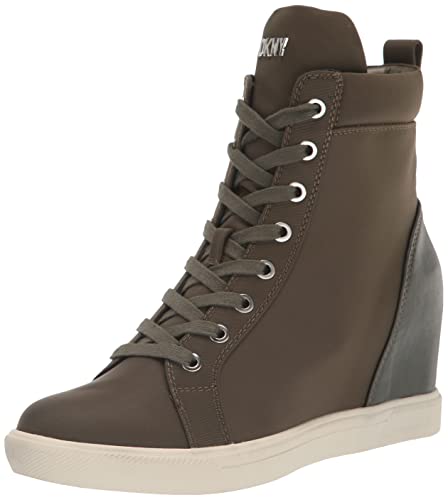 DKNY Women's Essential High Top Lace Up Slip On Wedge Sneaker, Army Green, 5