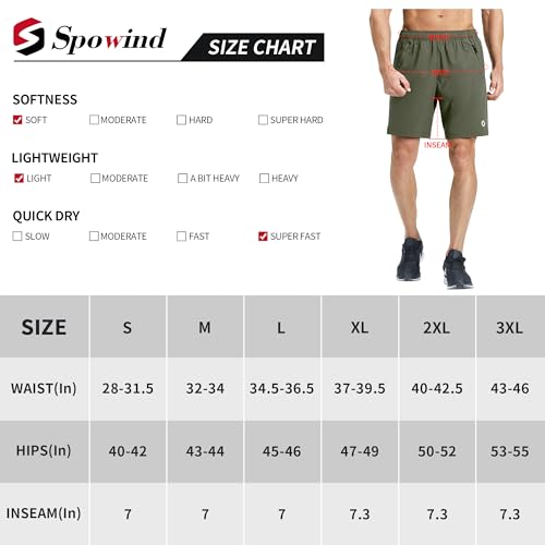 S Spowind Men’s Running Athletic Shorts 7 Inch Quick Dry Lightweight Workout Gym Tennis Shorts 3 Zipper Pockets Army Green