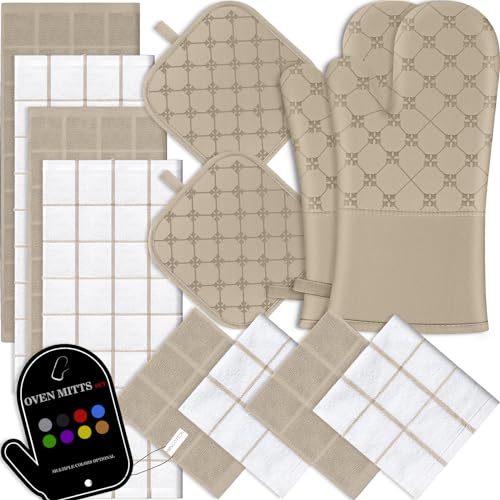 Oven Mitts Kitchen Towels Dishcloths with Pot Holders Sets 12PCS, Dish Towels Sets, Oven Gloves Pot Pads Heat Resistant 500 Degrees with Non-Slip Silicone Surface for Cooking Baking Grilling Black