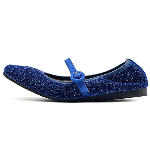 Ollio Women's Shoes Glitter Basic Mary Jane Elasticated Square Toe Ballet Flat SF1740 (6 B(M) US, Blue)