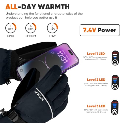 LEWOTE Heated Gloves, Electric Rechargeable Heated Hand Warmer Ski Gloves for Men Women, Waterproof & Windproof Touchscreen Gloves for Cycling, Hunting, Skiing, Motorcycle Winter Sport (M-Medium)