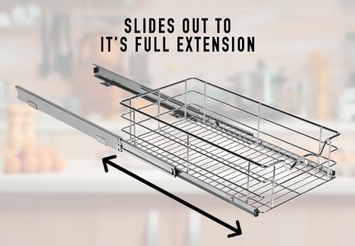 HOLD N’ STORAGE Heavy-Duty Premium Collection Pull Out Cabinet Organizer - Pantry Drawer Slide Out Caddy -Lifetime Limited Warranty - Basket Size 11" W x 21" D x 5" H, Anti-Rust Chrome Finish