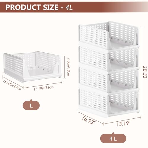 4 Pack Folding Closet Organizers Storage Box, Stackable Storage Bins, Plastic Drawer Basket Closet Storage for Wardrobe Cupboard Kitchen Bathroom Office White-1S3L