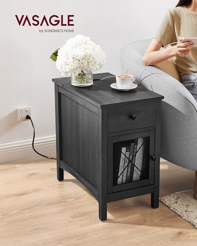 VASAGLE Side Table with Storage, End Table with USB Ports and Outlets, Nightstand with Charging Station, Drawer, Storage Cabinet, Magazine Rack, for Living Room, Bedroom, Charcoal Gray ULET312T22