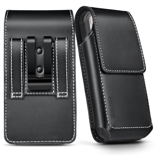 ykooe Genuine Leather Phone Holster for iPhone 15, 15 Pro 14, 14 Pro, 13 Pro, 13, 12 Pro, 12, 11 Pro Cell Phone Belt Holder with Belt Clip, Black-L