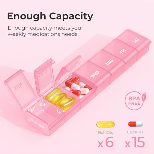 AUVON Weekly Pill Organizer with Effortless Opening Design, Arthritis Friendly Pill Box, BPA-Free Pill Organizer 7 Day, Cute & Portable Pill Case for Vitamins, Supplements and Medications