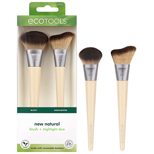 EcoTools Blush + Highlight Brush Duo, Makeup Brushes For Liquid, Cream, & Powder Highlight & Blush, Enhance Natural Skin, Eco-Friendly Makeup Brush Set, Synthetic Bristles, 2 Piece Set