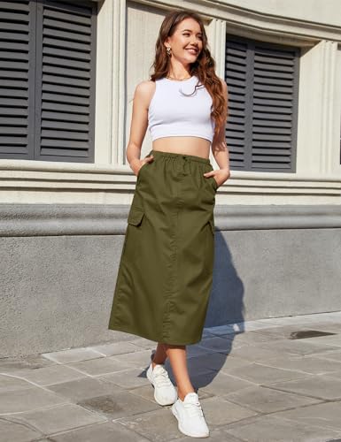 KTILG Skirt Women Midi Cargo Long Skirt Y2k Pockets Casual Light Trendy Fashion Petite Side Split Solid 2024 Low Waist Army Green