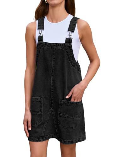 BerryGo Women's Denim Overall Dress Jean Sleeveless Romper 2024 Mini Pinafore Dress Shorts Jumper Dress With Pocket Black S