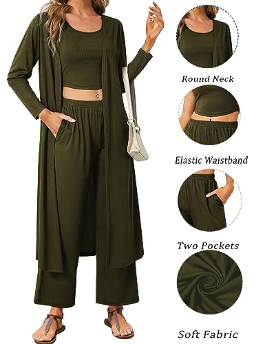 SWOMOG Women Knit Matching Sets 3Pcs Pajamas Crop Tops Casual Cardigan and Long Pants Lounge Set Pjs Ribbed Travel Outfits Army Green