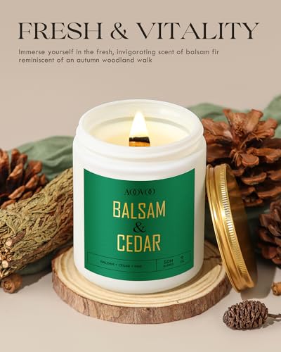 AOOVOO Balsam Cedar Candle - Pine Candle, Wood Wick Candles, Christmas Candle, Scented Candles, Scented Candles, Soy Candle, 9oz