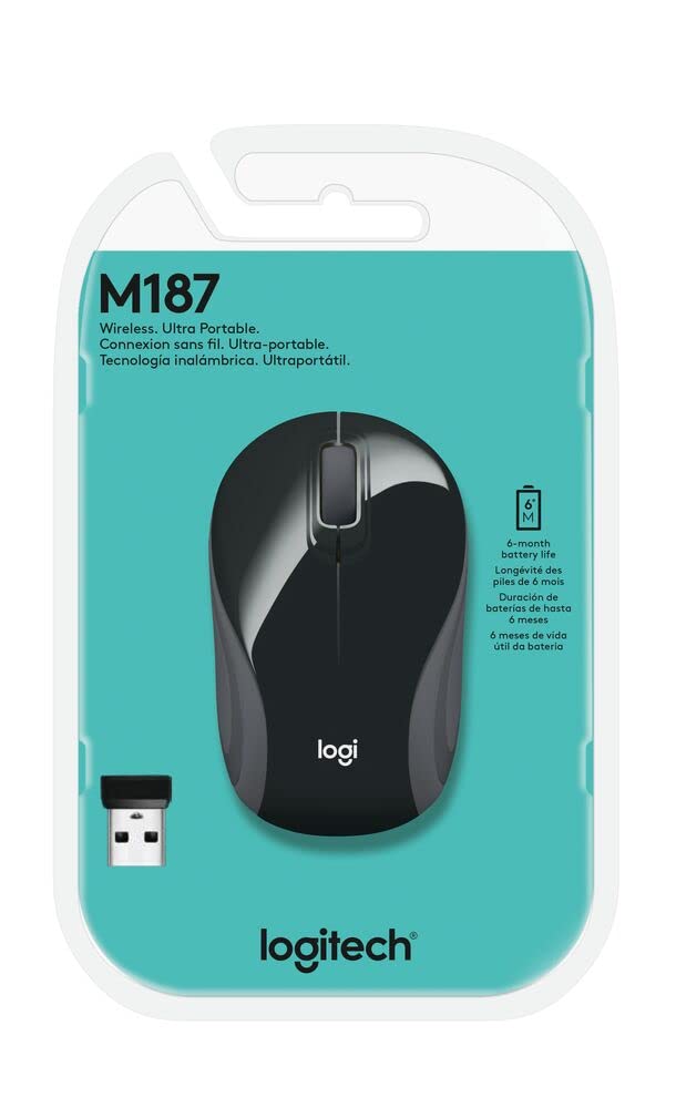 Logitech Wireless Mini Mouse M187 Ultra Portable, 2.4 GHz with USB Receiver, 1000 DPI Optical Tracking, 3-Buttons, PC / Mac / Laptop - Black