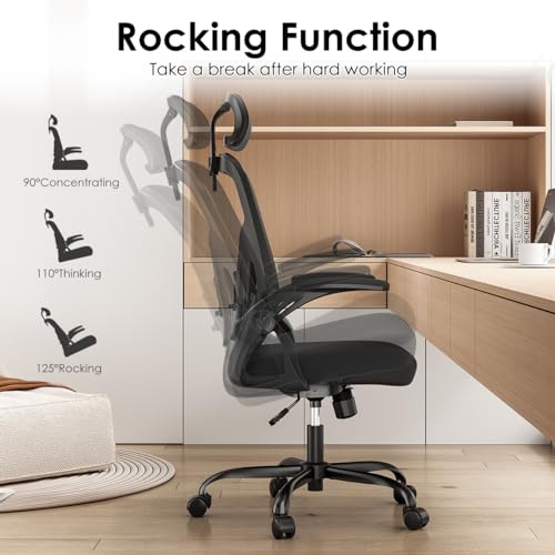 Farini Ergonomic Office Chair, Home Office Desk Chair with Headrest, High Back Computer Chair with Flip-up Armrests and Adjustable Lumbar Support for Home Office Study Room (with Headrest, All-White)