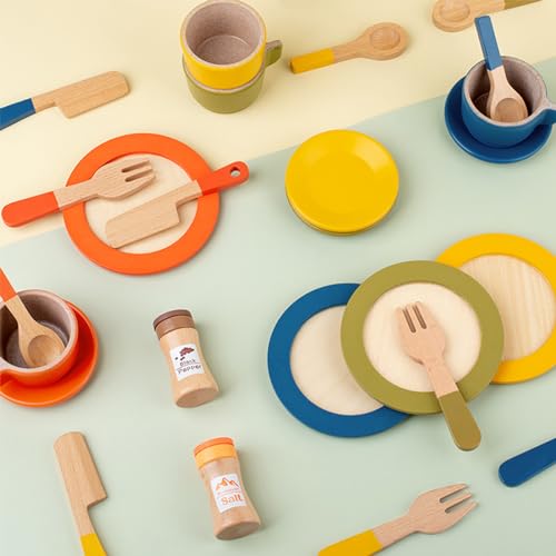 GAGAKU Wooden Play Food Sets for Kids Kitchen,Montessori Wooden Play Food Toys Play Plates and Dishes for Kids Wooden Play Kitchen Accessories Play Dishes for Toddler Boys Girls Gifts