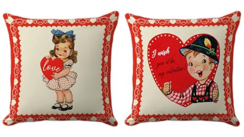 Set of 2, 18x18 Inch Valentine's Day Pillow Covers - Vintage Retro Young Couple with Hearts Design - Classic Antique Victorian Inspired Cushion Cases for Romantic Home, Sofa, and Couch Decor