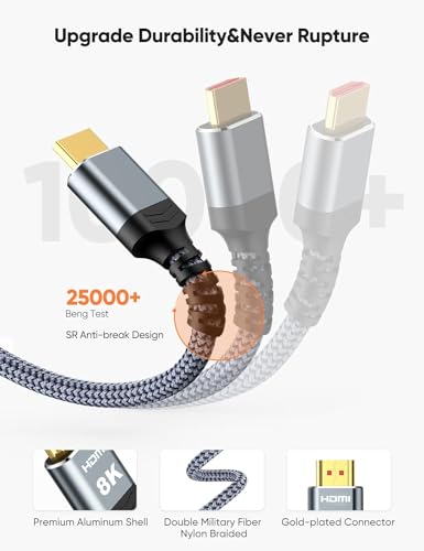 Highwings 8K HDMI Cable 2.1 2-Pack 1FT, Slim 48Gbps High Speed HDMI Braided Cord-4K@120Hz 144Hz 8K@60Hz, HDCP 2.2&2.3, Dynamic HDR,eARC,DTS:X,RTX 3090,Dolby Compatible with Roku TV/HDTV/PS5/Blu-ray
