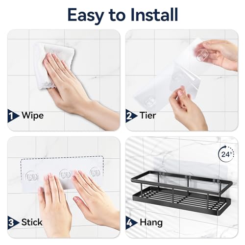 YASONIC Shower Caddy Adhesive, No Drill Bathroom Shower Organizers, with Removable Hooks, Rust Proof Shower Shelves, Wall-Mounted Shower Holder, Black, 2 Pack