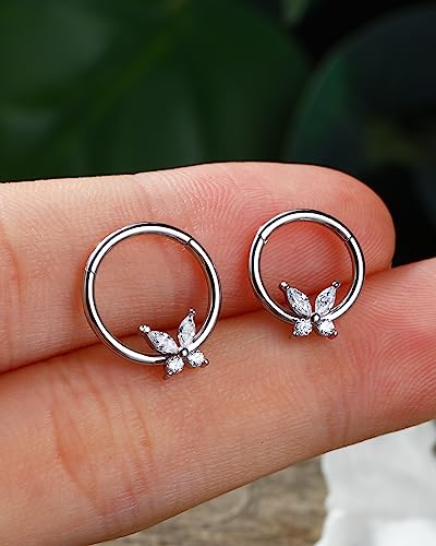 Jewseen 16G Butterfly Septum Ring Nose Ring Hoop CZ Hinged Segment Ring Septum Clicker Cartilage Earring Hoop Helix Piercing Daith Earrings Tragus Piercing Jewelry for Women Men