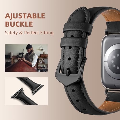 DaQin Slim Leather Band Compatible with Apple Watch Bands for Women 40mm 38mm 41mm, Top Grain Genuine Leather Strap Thin Replacement Wristband for Apple Watch Series 9 8 7 6 5 4 3 2 1 SE Ultra, Black