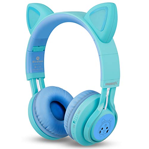 Riwbox Kids Headphones, CT-7S Cat Ear Bluetooth Headphones 85dB Volume Limiting,LED Light Up Kids Wireless Headphones Over Ear with Microphone for Laptop/PC/TV(Blue&Green)