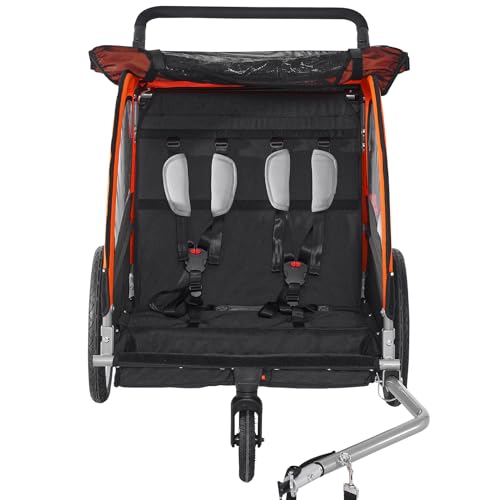 VEVOR Bike Trailer for Toddlers, Kids, Double Seat, 100 lbs Load, 2-in-1 Canopy Carrier Converts to Stroller, Tow Behind Foldable Child Bicycle Trailer with Universal Bicycle Coupler, Orange and Gray