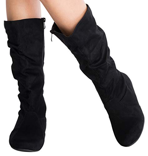 Olivia K Womens Low Heel Mid-Calf Slouchy Suede Slip On Casual Boots with Side Zipper