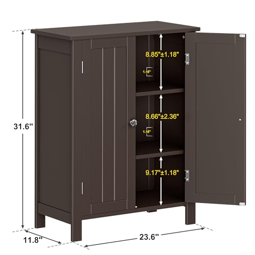 ZENY Bathroom Floor Storage Cabinet with Double Door + Adjustable Shelf, Wooden Organizer Cabinet for Living Room, Bathroom, Bedroom, Modern Home Furniture (Brown)