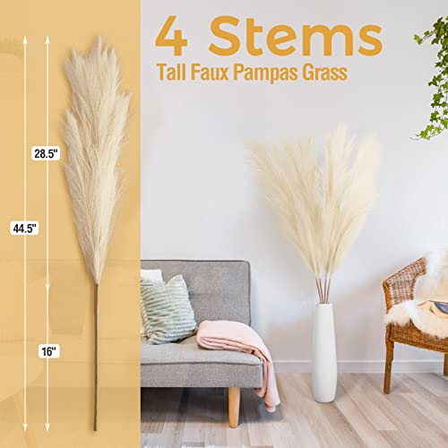 GAOMON 4 PCs Faux Pampas Grass Decor, 44 Inch Large Tall Fluffy Artificial Fake Flower Boho Decor, Bulrush Reed Grass for Vase Filler, Farmhouse Home Wedding Decor (Beige)